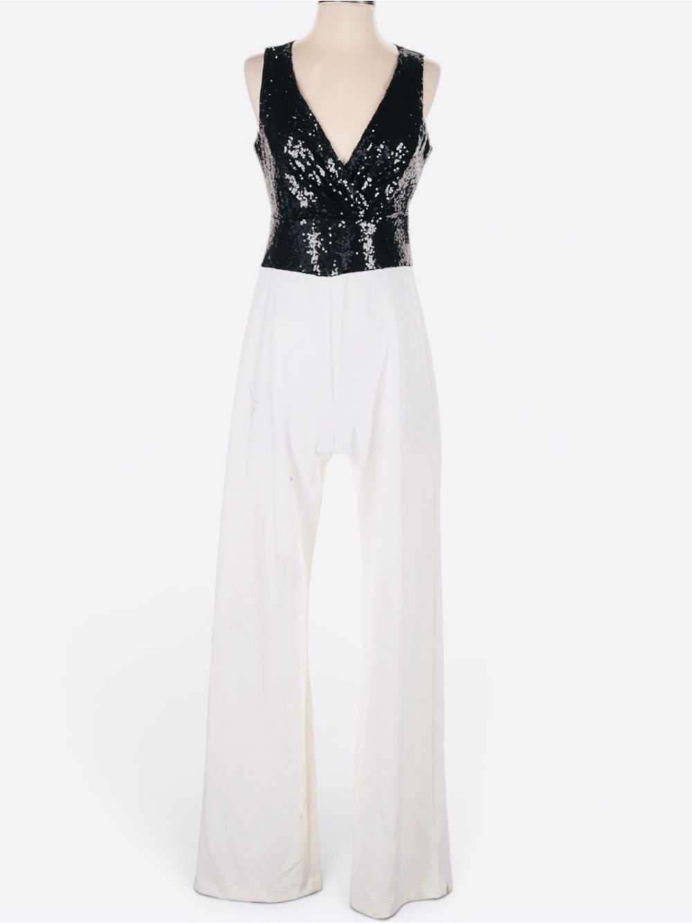 New York and Company Black and White Sequin Bodice Wide-Leg Jumpsuit - Picture 3 of 9